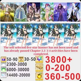 Japen server|3800+ Saint Quartz +Characters in the picture+ Call Sign 0-200 +Golden Fruit 360-500[See Picture]|Optional five stars not used + Plot has passed 3.3|Android|iOS |LDC005|Fate Grand Order