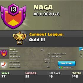 Clan Level 13 ♥️ Name- NAGA 🔥 Capital Hall 7🔥 Gold 3 League ♥️ Win 77 Loss 55🔥