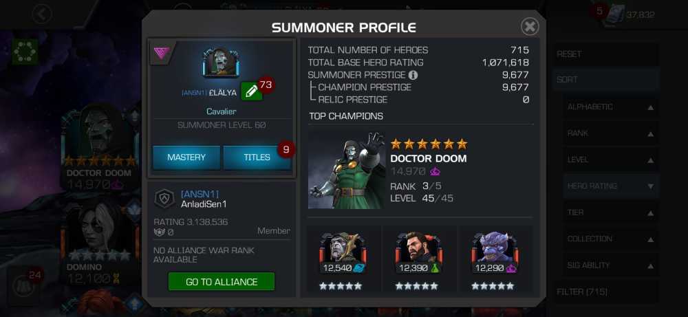 MCOC121-Lvl60-6* Morbius, Dr.Doom / 37,8K UNİTS/ 1M Racting