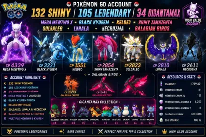 Black Kyurem |4GalarMoltres,2×GalarZaptos,132 Shiny|105 Legendary|34 Gigantamax|Mega MewtwoX |Keldeo|Shiny Zamazenta| Solgaleo|