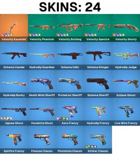 AP | 24 Skins + 1 Knife | Expired Immortal | Velocity Karambit | Velocity Phantom | Velocity Bulldog | Velocity Spectre | Velocity Shorty | Schema Vandal | Hydrodip Guardian | Schema Odin | Schema Stinger | Hydrodip Judge | Hydrodip Bucky | Death Wish Sheriff | Protektor Sheriff | Schema Sheriff | Eclipse Ghost | Jigsaw Ghost | Vendetta Ghost | Aero Frenzy | Hydrodip Frenzy | Live Wire Frenzy | Spitfire Frenzy | Finesse Classic | Pistolinha Classic | Striker Classic | EP4: Immortal Buddy | Dallah Buddy