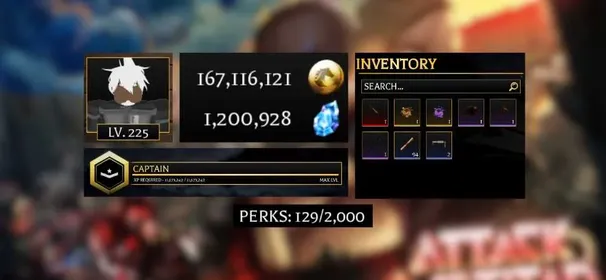 [ AOTR ] Account:475 Lv.225MAX 167M Gold , 1.2M Gems | Prestige 5 | Thunder spear set | 1 Different Serum | 94 Memory Scroll | Automatic Delivery | Roblox Account | Unverified Account |Attack on Titan Revolution