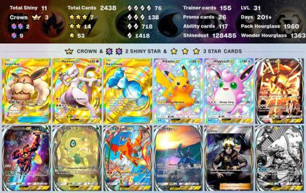 3603 ENG cards ✨Pack Hourglass 2958 ✨6 Crown (Mewtwo ex, Aegislash, Raichu, Rare Candy, Eevee Bag) ✨Total Shiny 18 ✨3*(AR+) 9 ✨Poke Gold 42