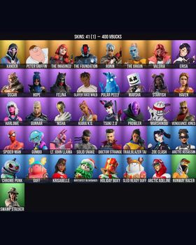 41 Skins Erisa ⭐️ Guff ⭐️ MARSHINOBI ⭐️ The Foundation ⭐️ Reaper ⭐️ Slayer Juice WRLD ⭐️ Arctic Assassin ⭐️ Spider-Man ⭐️ Sentinel ⭐️ Ice Breaker ⭐️ Xander ⭐️ Peter Griffin ⭐️ The Imagined ⭐️ Ronin ⭐️ The Origin ⭐️ Valeria ⭐️ Oscar ⭐️ Hop m9046435823