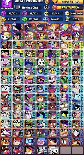 ⭐️Sale⭐️🔴52500🏆102/103🔴19-11 STR💸7 MYTHIC SKINS🟡2 LEG🔴4 HYPER✅MARS GLORY🔴, trophies 52500, brawlers 102, primes 18