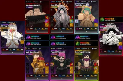 5 Unbound Meta 460 - Unbound Crow (Black Fire) Evolved + Unbound 8th Sword (Berserk) Evolved + Unbound Toy Maker + Unbound Puppet (Telekinetic) Evolved + Unbound Lady Giant (Envy) + Primordial Dark Mage (Sovereign) Evolved + Primordial Cursed Student (True Love) + Good Equipment Gear + All Max upgrade Expedition Building | Kenpachi Gowther itachi Unbound Secret Clean Meta Anime Expedition Account