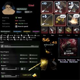 [SLAYERS 2] 86 M1 | RANKED ACCESS | UZUI | T3 NIGHTFALL TOP, BOTTOM, MASK, CAPE | T3 NIGHTFALL KATANA +10 | WIND BREATHING | 7.5 MILLION YEN | GOOD FOR PVP | INSTANT DELIVERY