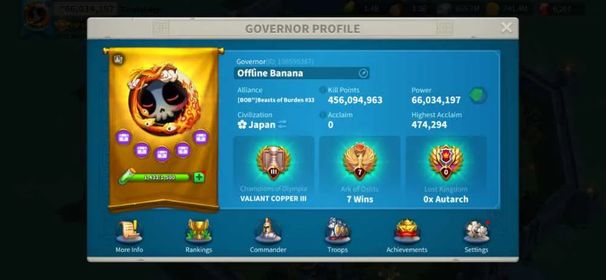 66M Power All T5 Unlocked - 7 Legendary Commanders Expertise - VIP 14 - 7.6Bn Resources - 1.2M T5 Troops - 129 Golden Heads - Bonus 28M Farm Acc #558