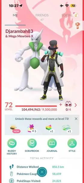 LEVEL 72 | MEGA MEWTWO X | HUNDOS 4 | SHINY 290 | LEGENDARY 244 | MYTHICAL 1 | SHADOW 68 | @SPECIAL 133 | ULTRA BALLS 146 | MASTER BALLS 2 |   Account Overview  Trainer Level: 72  Stardust: 12,467,435  Pokémon Caught: 58,659  PokéStops Visited: 24,821  Distance Walked: 856.5 km Pokémon Highlights  Top CP: Mega Mewtwo X (CP 3461)  Shiny Pokémon: 290  Legendary Pokémon: 244  Shadow Pokémon: 68  Special Backgrounds: 29  Perfect (4★ / 100% IV): 19  Location Backgrounds: 17  Adventure Effect: 5  Mewtwo Mega Energy: 7,350 Mega X Energy | 7,050 Mega Y Energy Pokédex Status  Kanto Dex: 117 / 151  Shiny Dex: 131  XXL Dex: 233 Inventory & Items  Master Balls: 2  Rare Candies: 193x Rare Candy | 33x Rare Candy XL  Elite TMs: 1x Elite Fast TM | 2x Elite Charged TM  Standard TMs: 67x Fast TM | 55x Charged TM  Boosts: 19x Lucky Egg | 5x Star Piece | 17x Incense  Berries & Coins: 246x Golden Razz Berry | 20x Silver Pinap Berry | 1,050x Gimmighoul Coins