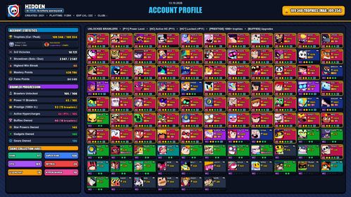 GEMS SPENT 54654 💙 109k TROPHY 💙 446 SKINS 💙 DARK LORD SPIKE 💙 FURIOUS FANG 💙 VALKYRIE JANET 💙 CHAINSAW BUSTER 💙 SOVEREIGN RICO 💙 SOVEREIGN BLING RICO 💙 SOVEREIGN GEM RICO 💙 DEVILISH MORTIS 💙 SCRATCHER POCO 💙 NIGHTBRINGER EDGAR 💙 105 BRAWLERS 💙 65 MAX