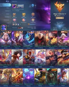 502 SKINS | 3 LEGEND + 2 COLLECTOR + 2 EXORCIST + HANABI SOUL VESSEL + MOSKOV ALLSTAR + FANNY MIKASA + IRITHEL DUCATI + ANGELA ASPIRANT + 3 KOF + 2 TRANSFORMER + THAMUZ NEXUS + THAMUZ KAI + FLORYN SANRIO + 9 LUCKYBOX + 3 ANNUAL + MANY OTHER SKINS | EPIC RECALL AVAILABLE !