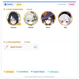 [EU] AR46 | Xianyun C1+Nahida+Aquila Favonia+Mona+Qiqi | 0-5000 Primogems | Female | All Unlinked