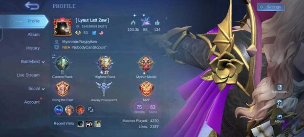ML164/Lvl 53/4 Mythic Emblem/75 HERO/63 SKIN/3 EMBLEM MAX/BANE EPIC/ZILONG CHRISTMAS/ LANCELOT STARLIGHT/6 SPECIAL/EPIC II