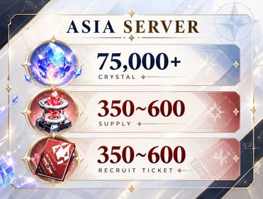 [ASIA SERVER] 75,000 Crystals+/ 350~600 Chara Tickets (Ultra-Rarity)/ 350~600 Relic Tickets + includes 13–20 random SSR characters
