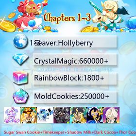 Hollyberry|Sugar Swan Cookie+Timekeeper+Shadow Milk+Dark Cocoa+Thor Cookie+Moonlight Queen+Camellia+Elder Faerie Cookie|Crystals660000+|Rainbow Cubes250000+|Cookie Cutters1800+|Chapters 1-3 iOS/Android/Starter Account|393735S