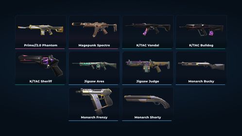 🥑 NA 🥑 10 SKINS 🥑 VALUE: 3550 VP 🥑 Prime//2.0 Phantom 🥑 Magepunk Spectre 🥑 K/TAC Vandal 🥑 K/TAC Bulldog 🥑 K/TAC Sheriff 🥑 Jigsaw Ares 🥑 Jigsaw Judge 🥑 Monarch Bucky 🥑 Monarch Frenzy 🥑 Monarch Shorty 🥑 RANKED READY 🥑 24 LEVEL 🥑 INSTANT DELIVERY 🥑 FULL ACCESS 🥑 HwahD 🥑