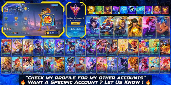 436 SKINS | LEGEND ALUCARD | CHOU SAINT GOLD ft KOF | 4 PRIME | CC YSS | 3 LUCKYBOX | 5 ZODIAC | CHAMPION JOY | 5 MSC | 34 LIMITED | 30 RARE SHOP | RECALL NAVI |