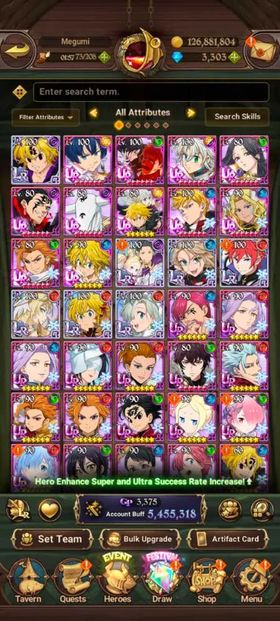 Global, 3.323💎Newest UR Gawain, 6 Mil buff, 7LR + 12UR + 11 collab chars : 7 Rezero chars + Full Gachiakuta, have newest UR Gawain + UR Nemesis Meliodas + UR MerlinEscanor + Special Reward Box