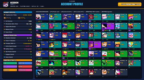 GEMS SPENT 4537 💙 21k TROPHY 💙 53 SKINS 💙 SURGE LIGHTYEAR 💙 JOCK STU 💙 BRAWLENTINE'S BEAR SHADE 💙 SQUAD BUSTER SHELLY 💙 BROTHER BO 💙 STELLAR SHELLY 💙 DARK ANGEL COLT 💙 CLASSIC DYNAMIKE 💙 ROCKABILLY MORTIS 💙 CROWBONE 💙 UNDERWORLD BO 💙 55 BRAWLERS