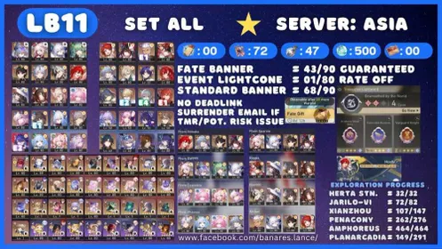 [ASIA LB11] TL70 Himeko Nova + SW999 + Castorice + E1 Archer + Phainon + Boothill + E2 Acheron + Rappa Account