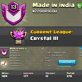 Level 13 🔥 Name- Made in india 🔥 Crystal 3🔥 Capital Hall 7 🔥 Win 189 Loss 177🔥
