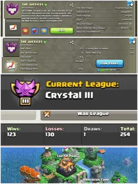 ➤CLAN LEVEL 13 ➤CRYSTAL LEAGUE 3➤NAME: THE JUSTICES ➤ RARE ENGLISH NAME ➤ CLAN CAPITAL 7|| WIN- 123 | LOSS-130 ➤LOW PRICE