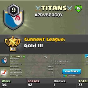 Level 9 ♥️ Name- ⚔️TITANS⚔️ Capital Hall 6 ♥️ Gold 3 League ♥️ Win 34 Loss 42 🔥