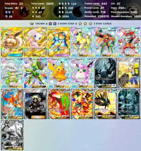 5027 ENG cards ✨Pack Hourglass 2481 ✨5 Crown (Protective Poncho, Mew ex, Team Rocket's Goo-zooka, Miraidon ex, Eevee Bag) ✨Total Shiny 40