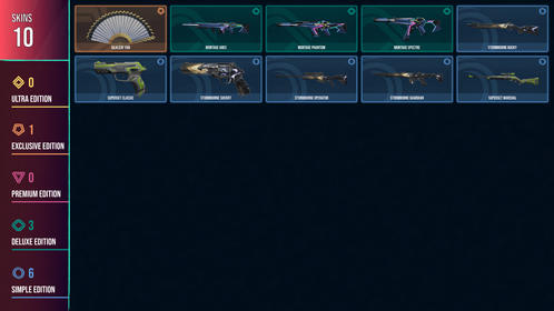 🥑 AP 🥑 1 KNIFE 🥑 10 SKINS 🥑 VALUE: 2550 VP 🥑 SilkLeaf Fan 🥑 Montage Ares 🥑 Montage Phantom 🥑 Montage Spectre 🥑 Stormborne Bucky 🥑 Superset Classic 🥑 Stormborne Sheriff 🥑 Stormborne Operator 🥑 Stormborne Guardian 🥑 Superset Marshal 🥑 RANKED READY 🥑 26 LEVEL 🥑 INSTANT DELIVERY 🥑 FULL ACCESS 🥑 FMLIy 🥑