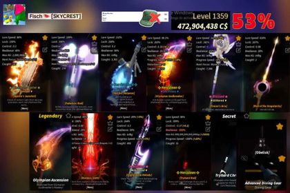 190🐟 Fisch | 53% |👑Halibut Harpoon 👑Olympian Godbreaker 👑Fabulous Rod  | ✨Haven’t done the quest to wish for the limited-edition rod yet |LV.1359 | 💵472M | 🔓Clean • Account/phone not verified Instant Delivery