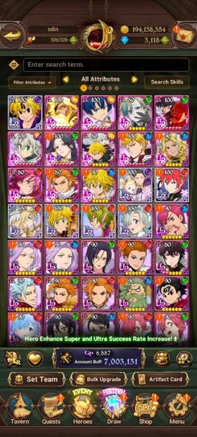 Global, 3.123💎new UR Odin, 7 Mil buff, 7LR + 13UR + 9 collab chars : 5 Rezero chars + Full Gachiakuta, have UR Odin + UR Gawain + UR Nemesis Meliodas + UR MerlinEscanor + Special Reward Box