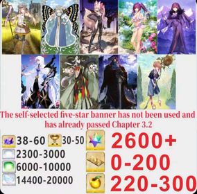 Japen server|2600+ Saint Quartz +Characters in the picture+ Call Sign 0-200 +Golden Fruit 220-300[See Picture]|Optional five stars not used + Plot has passed 3.2|Android|iOS |DCLb043|Fate Grand Order