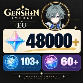 North America/AR50+/Lohen+48000+ Primogems/Acquaint Fate：103+/Intertwined Fate：60+/7–15 random 4-star characters/Email or Microsoft account/Genshin Impact