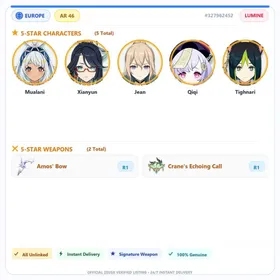 [EU] AR46 | Mualani+Xianyun+Amos' Bow+Crane's Echoing Call+Jean+Qiqi+Tighnari | 0-5000 Primogems | Female | All Unlinked