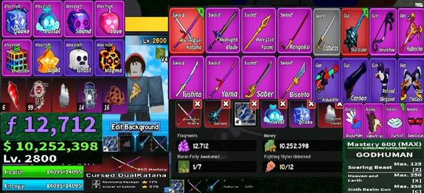 #042 Blox Fruits Account Lvl 2800 : Mink / Rabbit V4 Full Gear + Godhuman + Cursed Dual Katana , Skull Guitar . 10M Beli ,12k Fragment . Portal, Quake,Sound,,..Inventory . Automatic Order