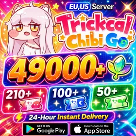EU/US server|49000+ Crystal Leaf|210+ Apostle Recruitment Tickets|100+ Card Gacha Tickets|50. Rookie Recruitment Tickets|3+  3-Star Tickets(Story. Partially Cleared|Trickcal:Chibi Go