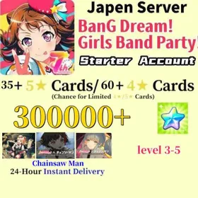 [JaPen] [Fast delivery]300000+Star Stones+Full set of 3 Chainsaw Man limited 5★ characters：Ran Mitake × Denji+Sayo Hikawa × Makima+Touko Kirigaya × Power（[35-45 five-stars including ]+60-80 random four-stars, account level 3~5+.Account songs not in use/ Android/iOS universal  Band Party Bandori Starter Reroll Account BanG Dream! Girls Band Party!
