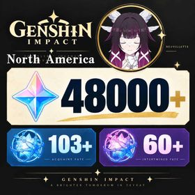 North America/AR50+/Columbina+48000+ Primogems/Acquaint Fate：103+/Intertwined Fate：60+/7–15 random 4-star characters/Email or Microsoft account/Genshin Impact