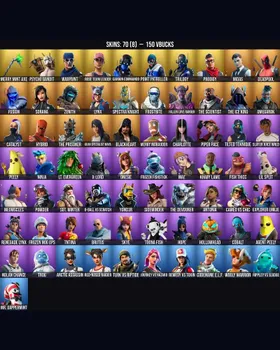 70 Skins Merry Mint Axe ⭐️ Deadpool ⭐️ Meowscles ⭐️ Peely ⭐️ Midas ⭐️ Psycho Bandit ⭐️ Skye ⭐️ Rippley vs Sludge ⭐️ Catalyst ⭐️ Slayer Juice WRLD ⭐️ Warpaint ⭐️ 8-Ball vs Scratch ⭐️ Trog ⭐️ Onesie ⭐️ Arctic Assassin ⭐️ Fusion ⭐️ Toona Fish m246284042