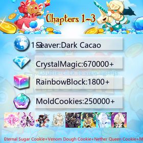 Dark Cacao|Eternal Sugar Cookie+Venom Dough Cookie+Nether Queen Cookie+Mystic Flour Cookie+Dark Cocoa+Wind Archer Cookie+Thor Cookie+Frost Queen+Pitaya Dragon Cookie+Capsaicin Cookie+Camellia+Elder Faerie Cookie|Crystals670000+|Rainbow Cubes250000+|Cookie Cutters1800+|Chapters 1-3 iOS/Android/Starter Account|742812H
