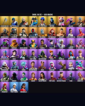 56 Skins Leviathan Axe ⭐️ Master Chief ⭐️ Galaxia ⭐️ Erisa ⭐️ T-800 ⭐️ Blue Team Leader ⭐️ Tony Stark ⭐️ Poison Ivy ⭐️ The Foundation ⭐️ Kratos ⭐️ The Joker ⭐️ Jennifer Walters ⭐️ Mystique ⭐️ Mandalorian ⭐️ Groot ⭐️ Sarah Connor ⭐️ Kondor m9401816217