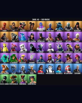 49 Skins Peely ⭐️ B.R.U.T.E. Gunner ⭐️ Grimey ⭐️ Captain America ⭐️ Ravenpool ⭐️ Ruby Shadows ⭐️ Cuddlepool ⭐️ Reaper ⭐️ Marshmello ⭐️ Fable ⭐️ Luxe ⭐️ Sunny ⭐️ Guggimon ⭐️ Midsummer Midas ⭐️ Galaxy Scout ⭐️ Ember ⭐️ Calamity ⭐️ Blackhear m9063704273