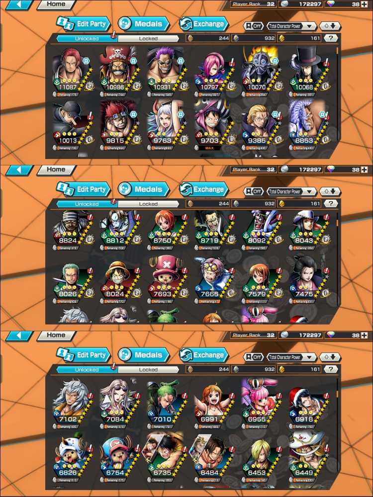 4ex Shanks red max Roger max Zephyr max Yamato *5 and BF character good medal and support lots