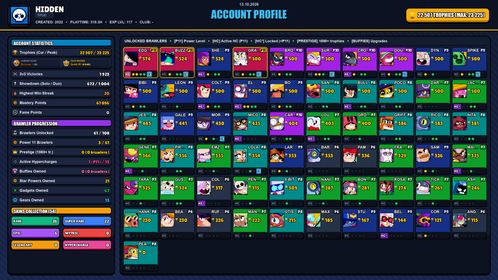 GEMS SPENT 3386 💙 23k TROPHY 💙 54 SKINS 💙 DARK ANGEL COLT 💙 SUPER RANGER BROCK BLUE 💙 COACH MIKE 💙 DYNASTY MIKE 💙 ROGUE MORTIS 💙 OMEGA BOX DARRYL 💙 PSG SHELLY 💙 HANDSOME COLT 💙 RED WIZARD BARLEY 💙 SUMMER JESSIE 💙 KOALA NITA 💙 V8-BIT 💙 61 BRAWLERS 💙 3 MAX