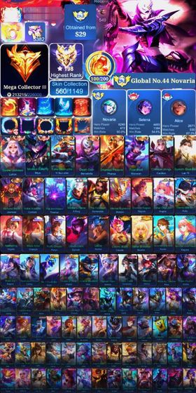 🔥 MEGA COLLECTOR 3 (III) |🌟 560 SKINS |⚡️ EX GLOBAL NOVARIA | 2 LEGEND | 8 COLLECTOR | 2 THE ASPIRANT | 3 SANRIO | 2 KOF | 2 PRIME | 2 CLOUDS | NEXUS SEA 11.11 | METRO ZERO | DAWNING HERO | ALLSTAR | EXORCIST | 4 ANNUAL STARLIGHT | 12 LUCKYBOX | 8 ZODIAC | 77 DELUXE SKINS | MOBILE LEGENDS ACCOUNT