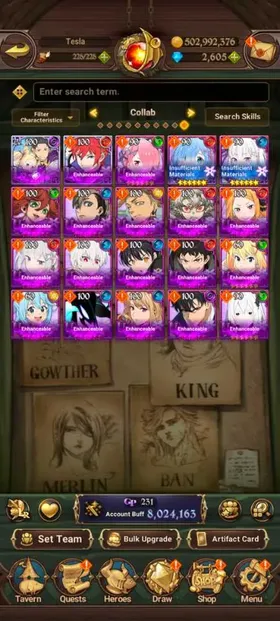 Global, 2.635💎 8 Million buff, 8LR + 12UR + 20 collab chars : Full Gachiakuta + 8 chars Rezero + Full Fire Force + Full collab Solo + Konosuba Aqua + Darkness, UR : newest UR Meliodas 2/6 + Salos 2/6 + MerlinEscanor 2/6 + Tristan + Skuld + EliMeli + Lancelot + Thor  + Sabunak + Gowther + KDM 3/6, have LR coin 272x