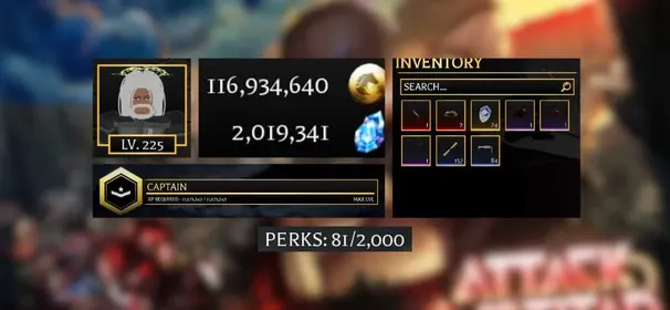 [ AOTR ] Account:489 Lv.225MAX 116M Gold , 2.0M Gems | Prestige 5 | Thunder spear set | 1 Different Serum | 157 Memory Scroll | Automatic Delivery | Roblox Account | Unverified Account |Attack on Titan Revolution