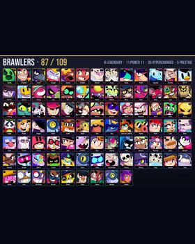 🏆 33.8K Trophies • 🎮 87/109 Brawlers • 🎨 211 Skins • ⭐ 6 Legendary • ⚡ 35 Hypercharged • 💪 11 Maxed P11 • 👑 5 Prestige • 💎 7 Legendary / 5 Mythic / 5 Hypercharge Skins • 🔥 Godzilla Buzz, Axl Willow, Bandita Shelly, Constructor Jacky m9416379683