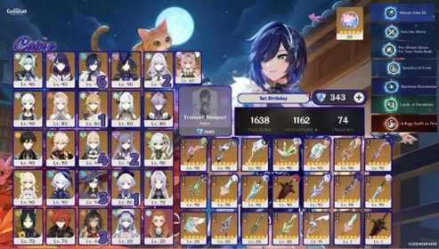 Asia | birthday unset | Yelan C6R2(+Outfit) + Skirk C2R3 + Escoffier C1R1 + Furina + Nahida R1 + Raiden R1 + Clorinde R1 + Kazuha R1 + Eula R1 + Nicole + Durin + Citlali + Ayaka + Shenhe + Zhongli + Varesa + Mizuki + Mona C3 + Jean C4 + Keqing C2 + Qiqi C1 + Dehya C3 + Tighnari + Diluc R1 + Aloy | 343 Genesis Crystal + 1638 Day Active + 1162 Achievemen