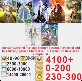 Japen server|4100+ Saint Quartz +Characters in the picture+ Call Sign 0-200 +Golden Fruit 230-300[See Picture]|Optional five stars not used + Plot has passed 3.3|Android|iOS |DCLb042|Fate Grand Order